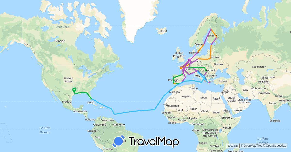 TravelMap itinerary: driving, bus, cycling, train, boat, hitchhiking in Albania, Barbados, Belgium, Bahamas, Switzerland, Cape Verde, Germany, Denmark, Estonia, Spain, Finland, France, Gibraltar, Greece, Croatia, Hungary, Italy, Saint Kitts and Nevis, Saint Lucia, Luxembourg, Montenegro, Netherlands, Poland, Portugal, Serbia, Sweden, Slovenia, United States, British Virgin Islands (Africa, Europe, North America)